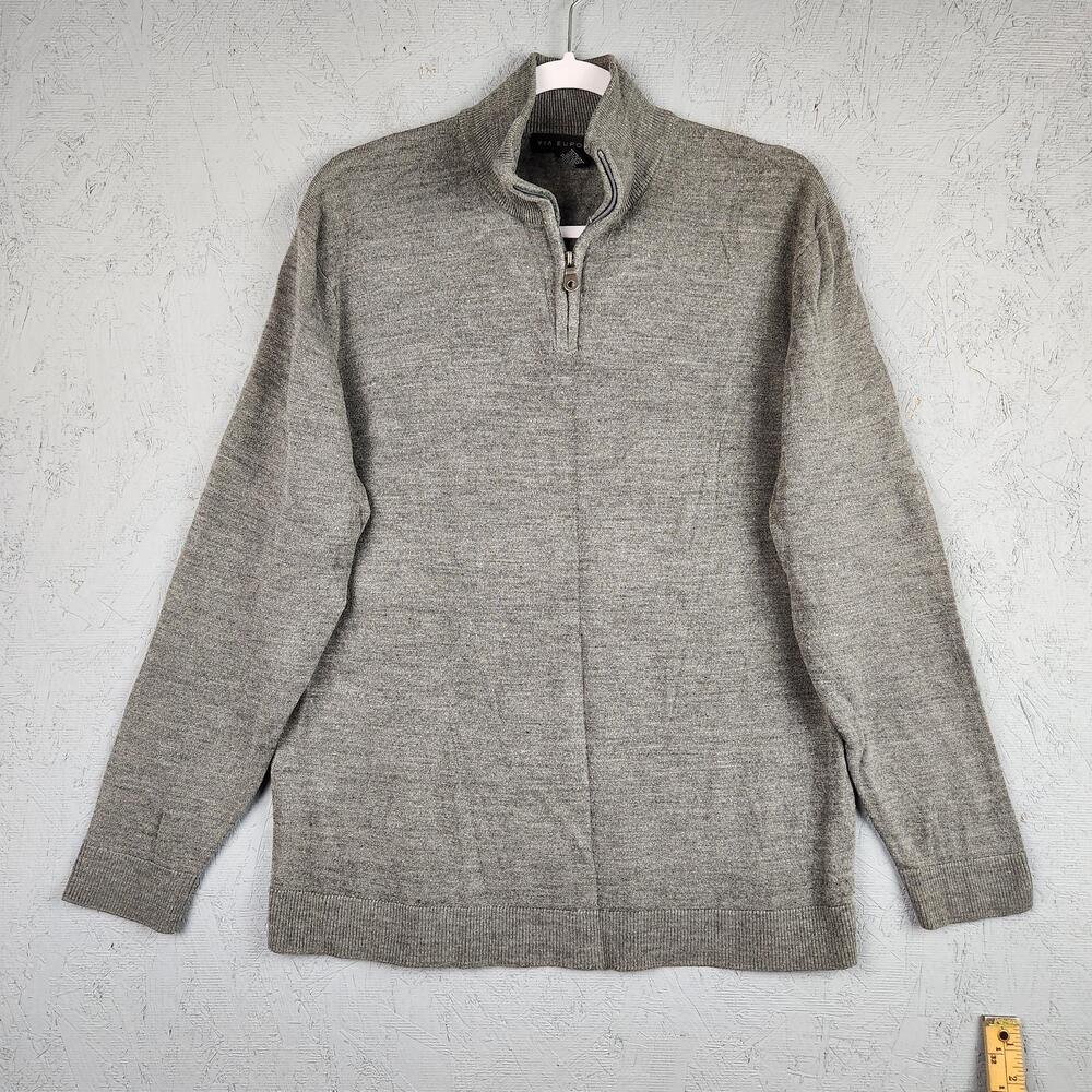 Via Europa Sweater Mens Large Gray Quarter Zip Mock Neck Pullover Knit Ribbed